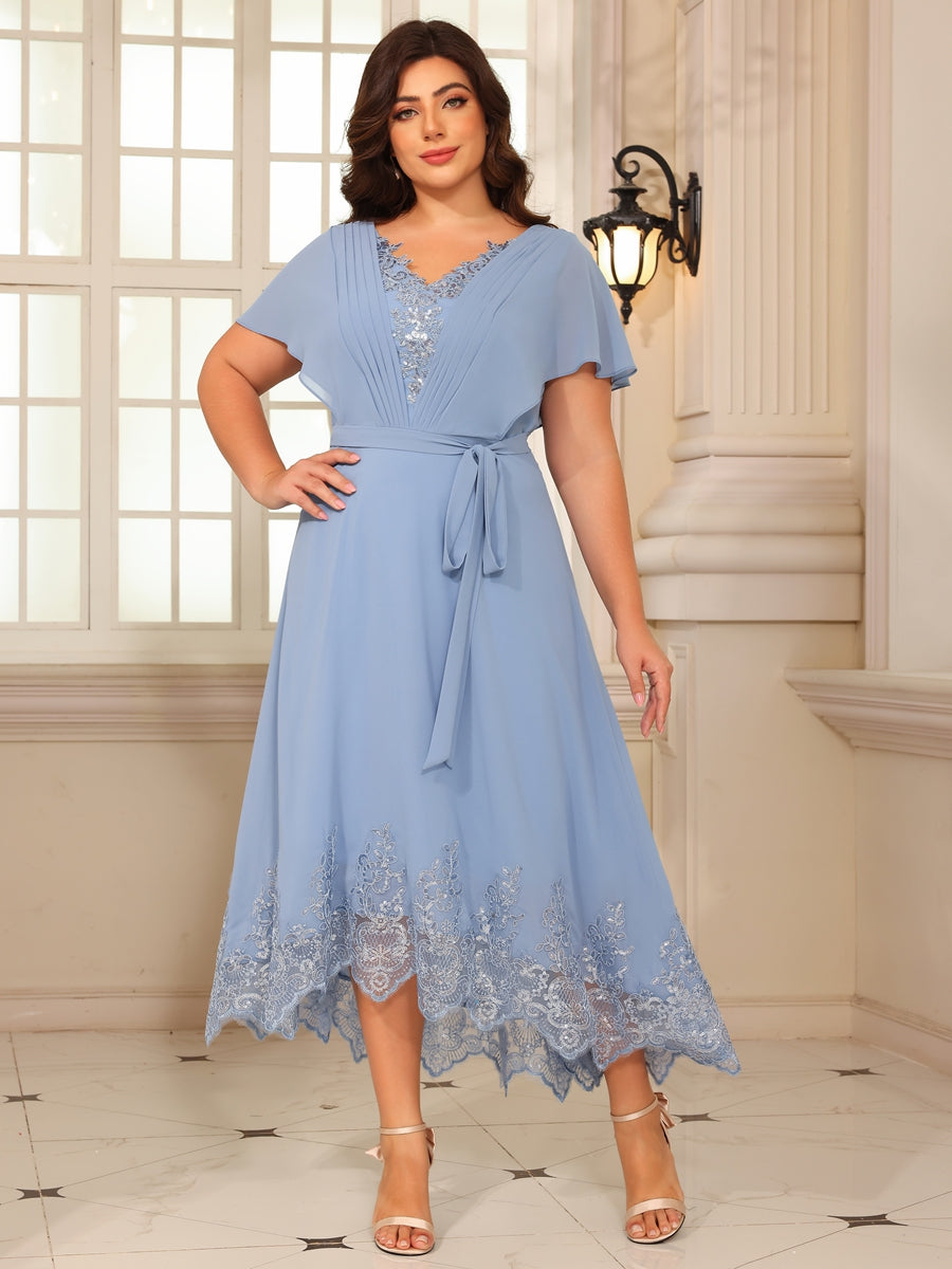 A-Line/Princess V-Neck Flying-Sleeves Lace Appliques Tea-Length Mother of the Bride Dresses with Belt