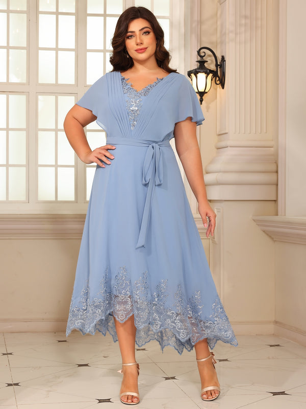 A-Line/Princess V-Neck Flying-Sleeves Lace Appliques Tea-Length Mother of the Bride Dresses with Belt