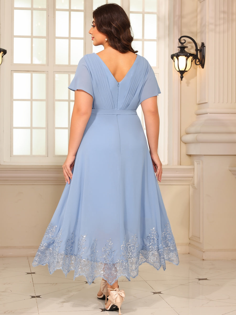 A-Line/Princess V-Neck Flying-Sleeves Lace Appliques Tea-Length Mother of the Bride Dresses with Belt