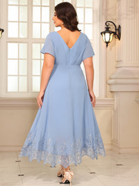 A-Line/Princess V-Neck Flying-Sleeves Lace Appliques Tea-Length Mother of the Bride Dresses with Belt
