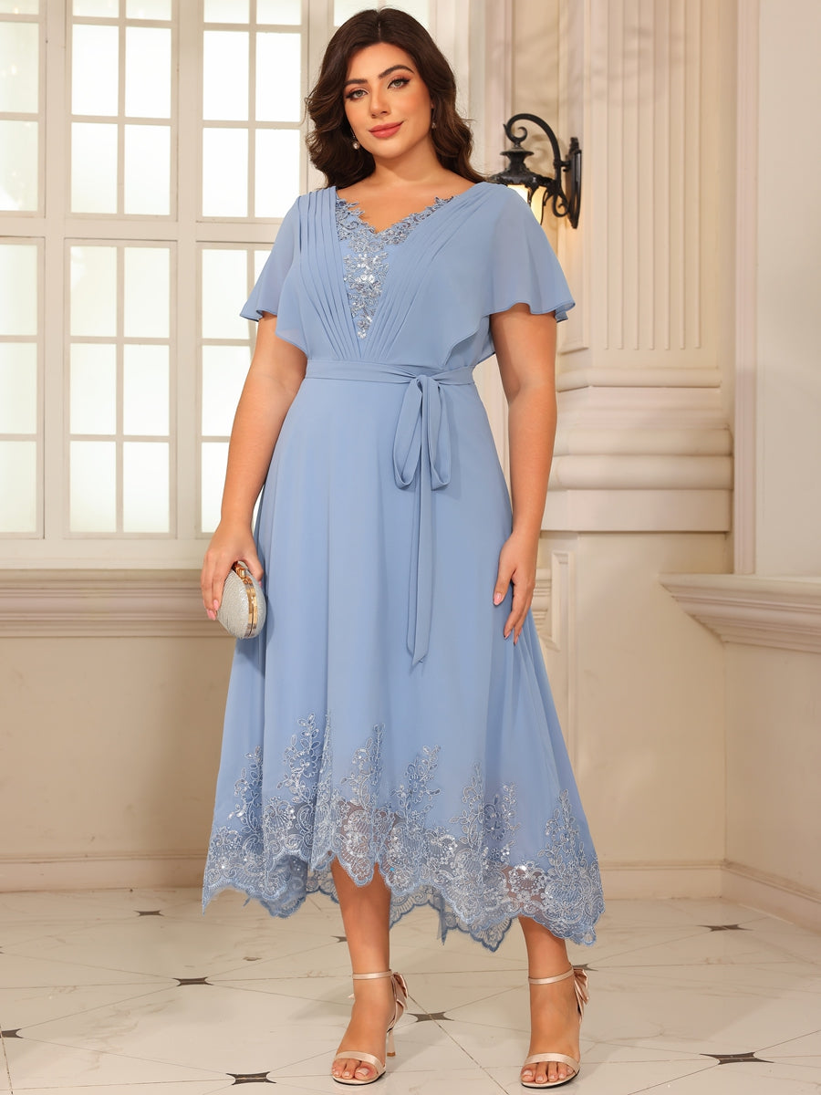 A-Line/Princess V-Neck Flying-Sleeves Lace Appliques Tea-Length Mother of the Bride Dresses with Belt