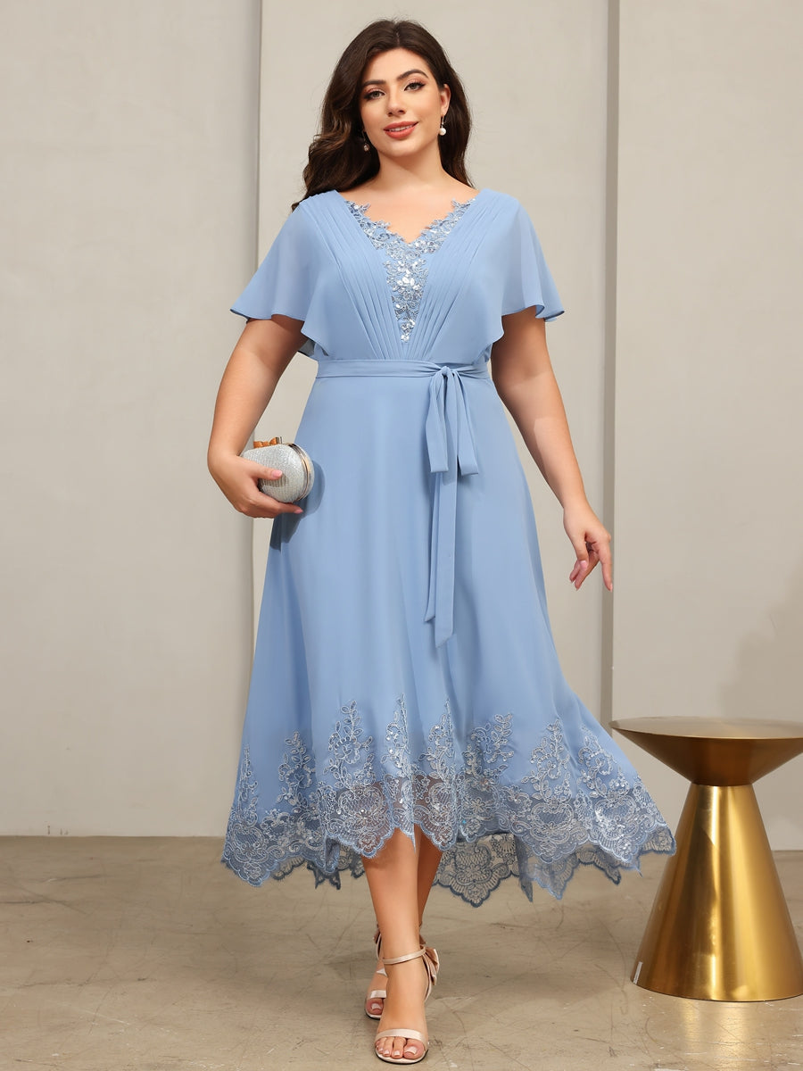 A-Line/Princess V-Neck Flying-Sleeves Lace Appliques Tea-Length Mother of the Bride Dresses with Belt