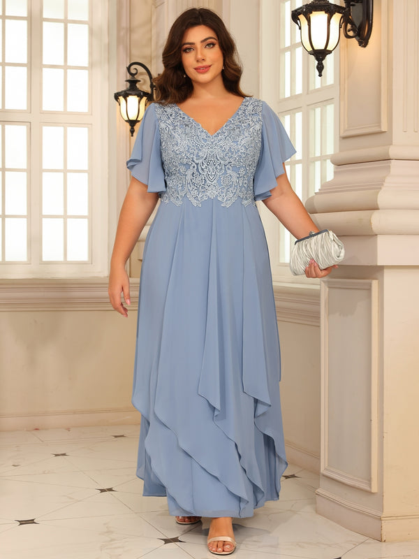 A-Line/Princess V-Neck Flying-Sleeves Lace Appliques Long Mother of the Bride Dresses with Ruffles