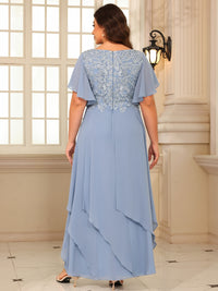 A-Line/Princess V-Neck Flying-Sleeves Lace Appliques Long Mother of the Bride Dresses with Ruffles