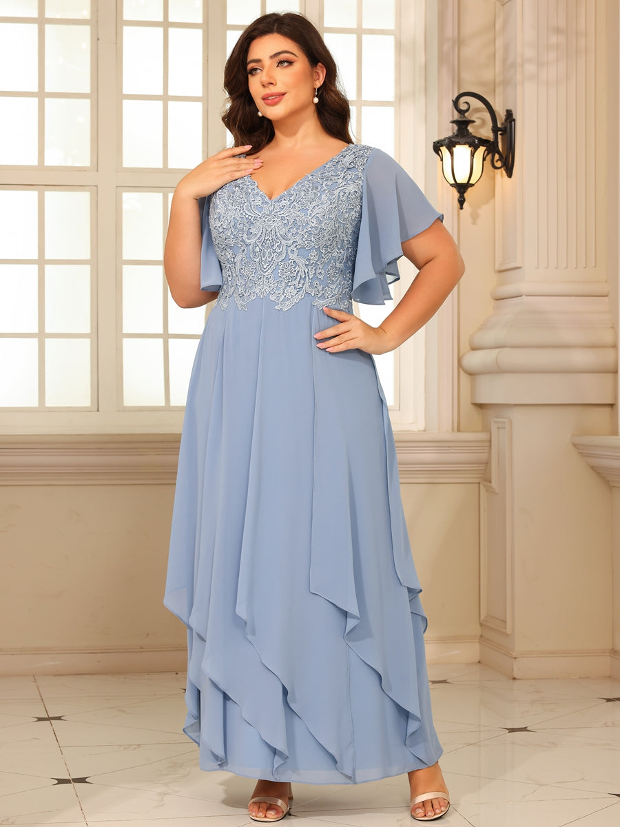 A-Line/Princess V-Neck Flying-Sleeves Lace Appliques Long Mother of the Bride Dresses with Ruffles
