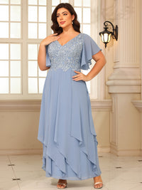 A-Line/Princess V-Neck Flying-Sleeves Lace Appliques Long Mother of the Bride Dresses with Ruffles
