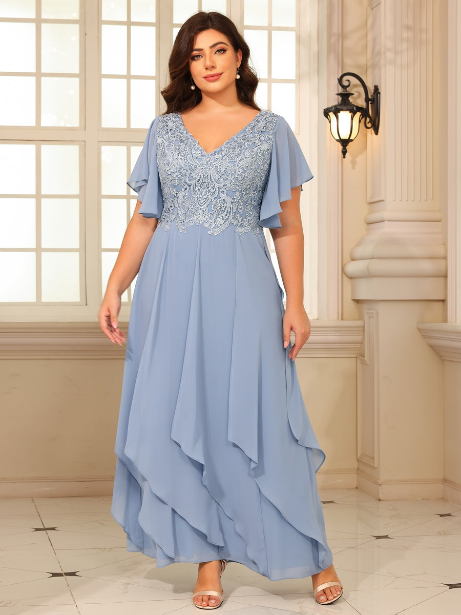 A-Line/Princess V-Neck Flying-Sleeves Lace Appliques Long Mother of the Bride Dresses with Ruffles