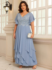 A-Line/Princess V-Neck Flying-Sleeves Lace Appliques Long Mother of the Bride Dresses with Ruffles