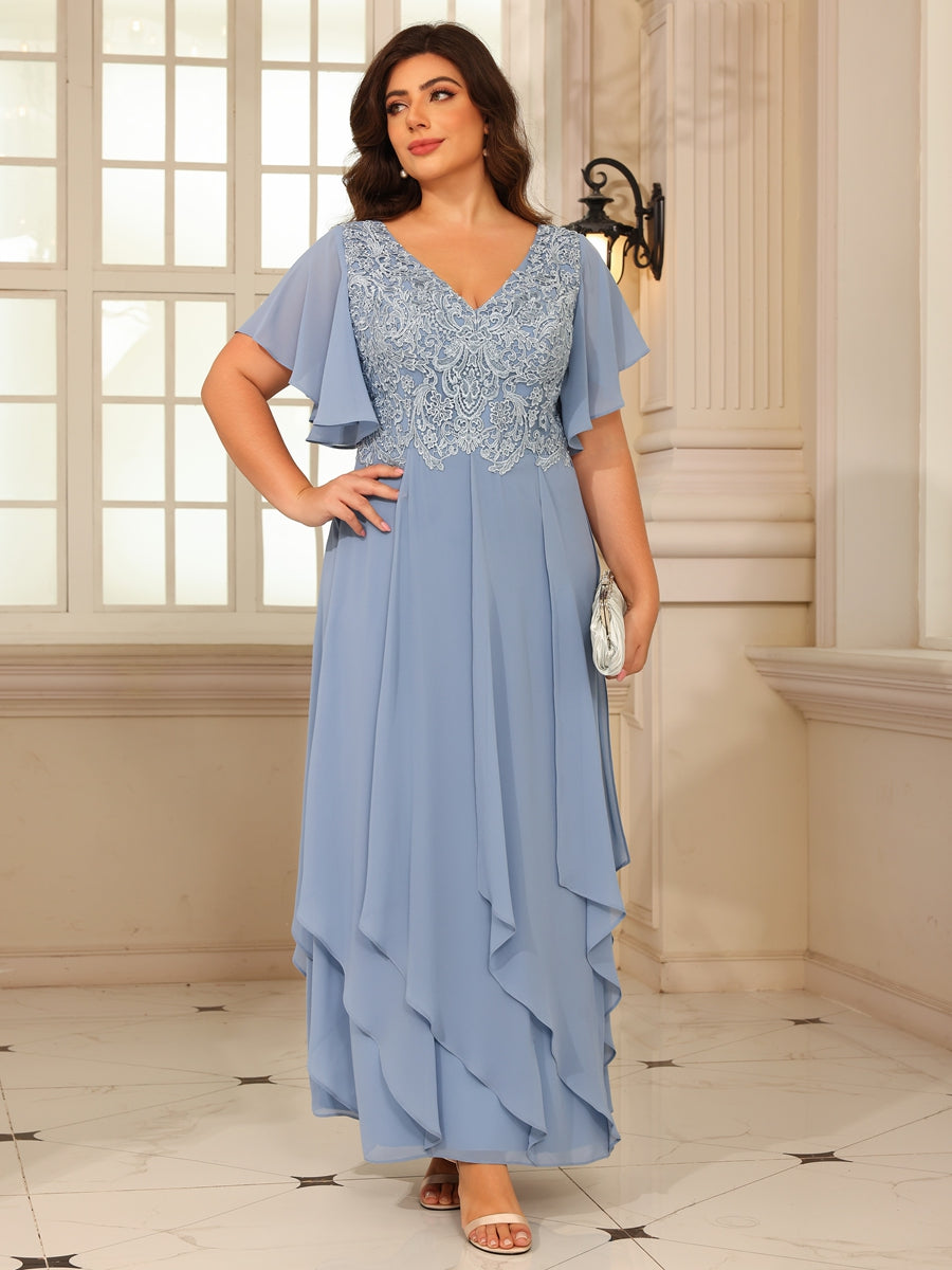 A-Line/Princess V-Neck Flying-Sleeves Lace Appliques Long Mother of the Bride Dresses with Ruffles