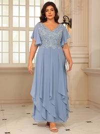 A-Line/Princess V-Neck Flying-Sleeves Lace Appliques Long Mother of the Bride Dresses with Ruffles
