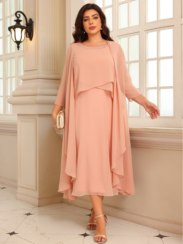 A-Line/Princess Scoop Neck Two-piece Tea-Length Mother of the Bride Dresses with Ruffles