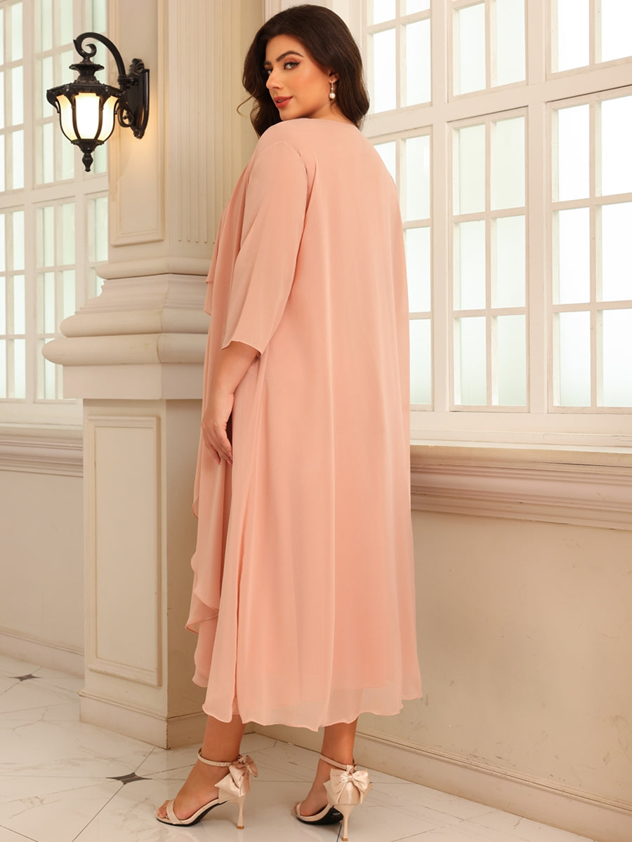 A-Line/Princess Scoop Neck Two-piece Tea-Length Mother of the Bride Dresses with Ruffles