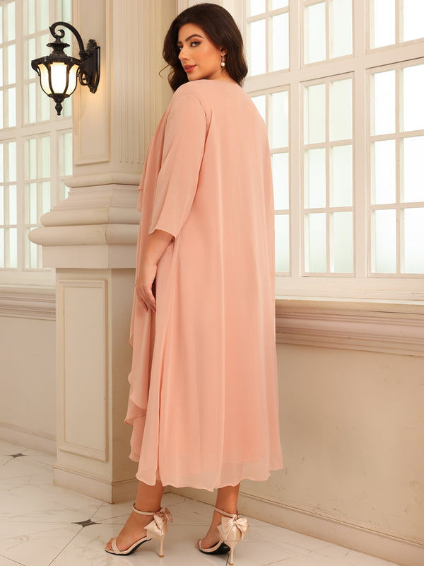 A-Line/Princess Scoop Neck Two-piece Tea-Length Mother of the Bride Dresses with Ruffles