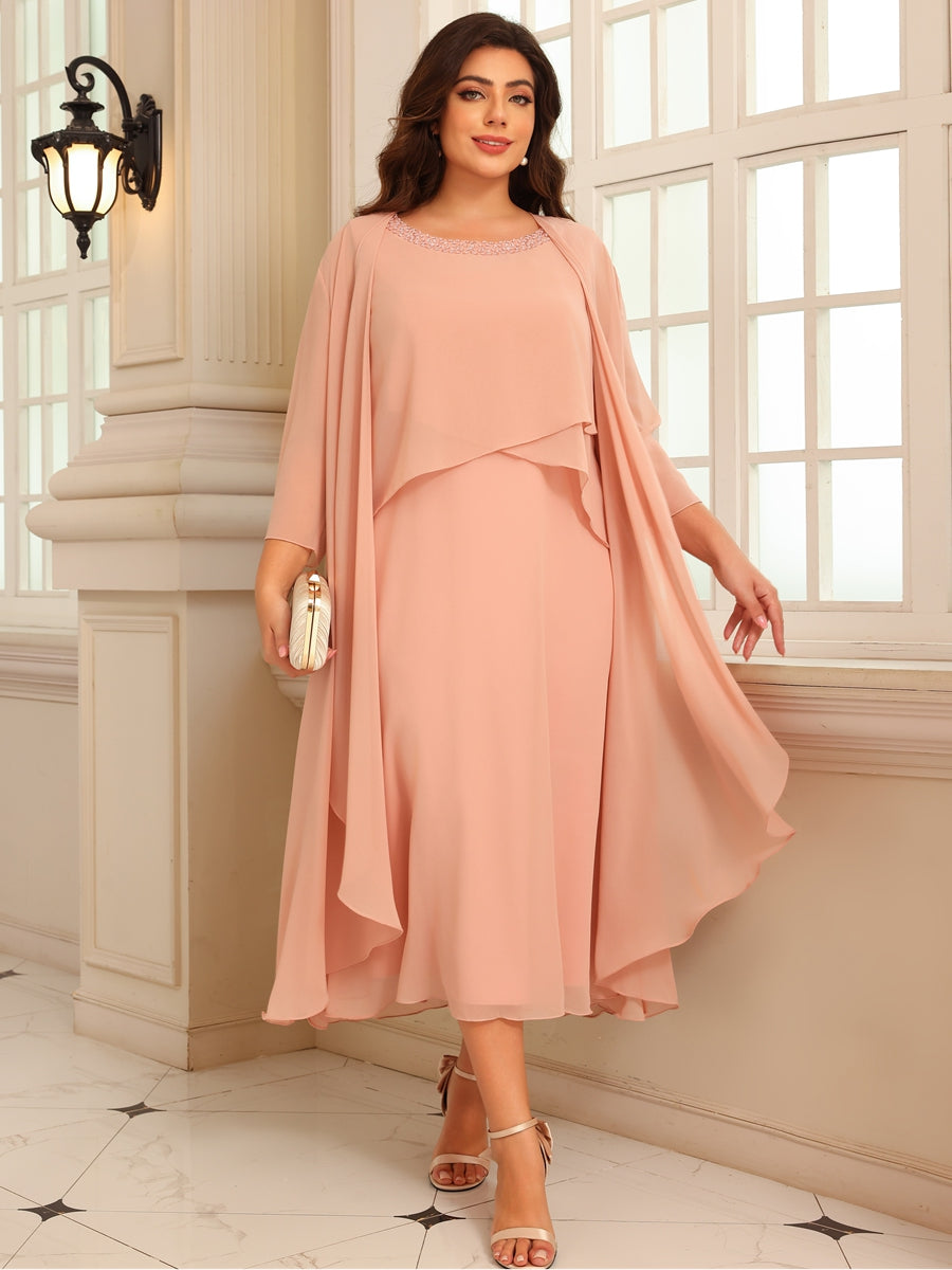 A-Line/Princess Scoop Neck Two-piece Tea-Length Mother of the Bride Dresses with Ruffles