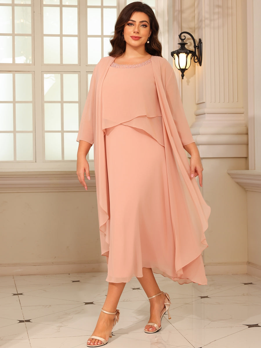 A-Line/Princess Scoop Neck Two-piece Tea-Length Mother of the Bride Dresses with Ruffles