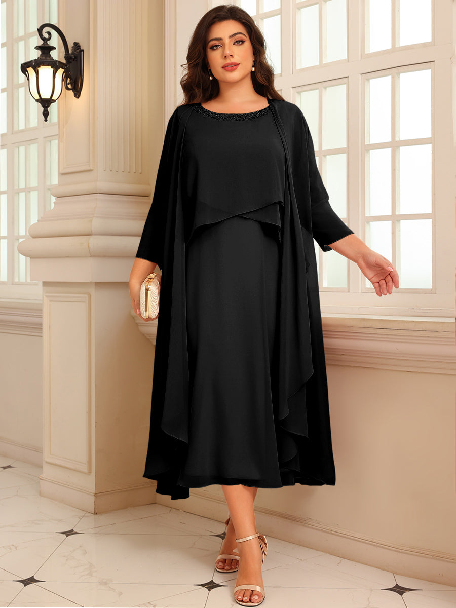 A-Line/Princess Scoop Neck Two-piece Tea-Length Mother of the Bride Dresses with Ruffles
