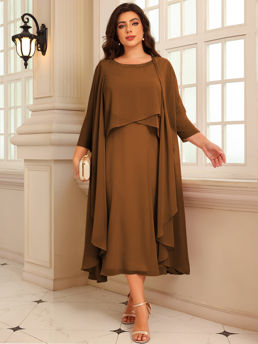 A-Line/Princess Scoop Neck Two-piece Tea-Length Mother of the Bride Dresses with Ruffles