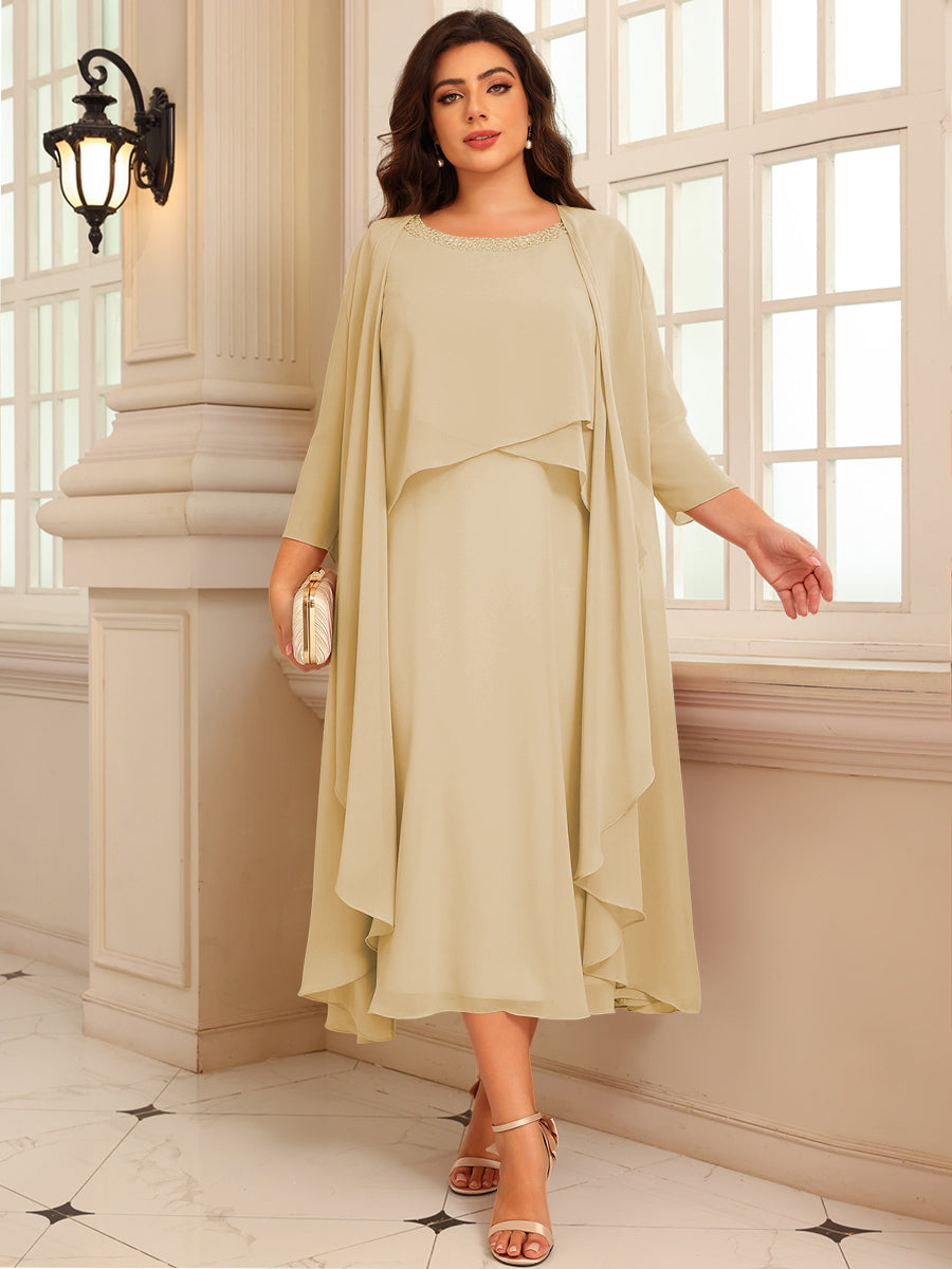 A-Line/Princess Scoop Neck Two-piece Tea-Length Mother of the Bride Dresses with Ruffles