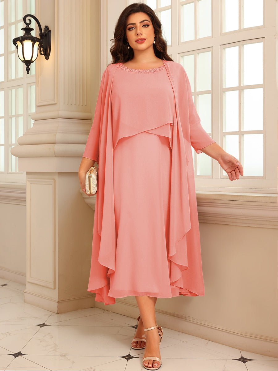 A-Line/Princess Scoop Neck Two-piece Tea-Length Mother of the Bride Dresses with Ruffles