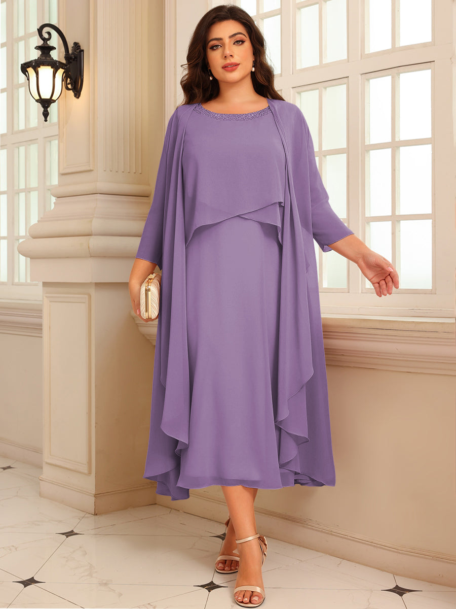 A-Line/Princess Scoop Neck Two-piece Tea-Length Mother of the Bride Dresses with Ruffles