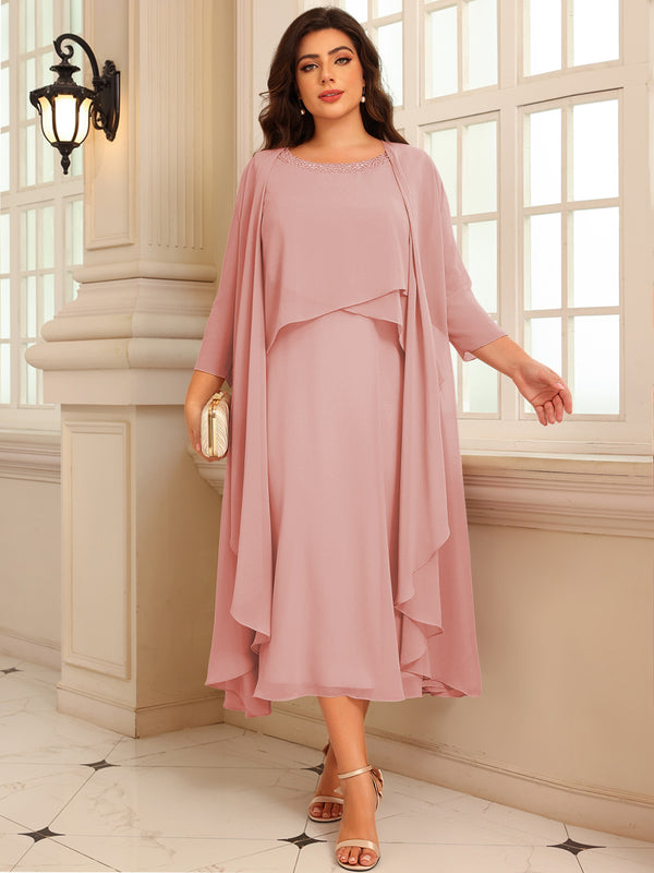 A-Line/Princess Scoop Neck Two-piece Tea-Length Mother of the Bride Dresses with Ruffles