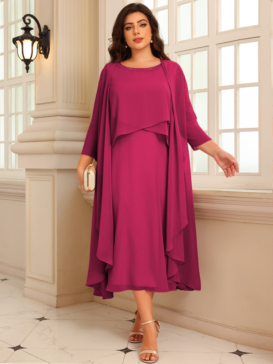 A-Line/Princess Scoop Neck Two-piece Tea-Length Mother of the Bride Dresses with Ruffles