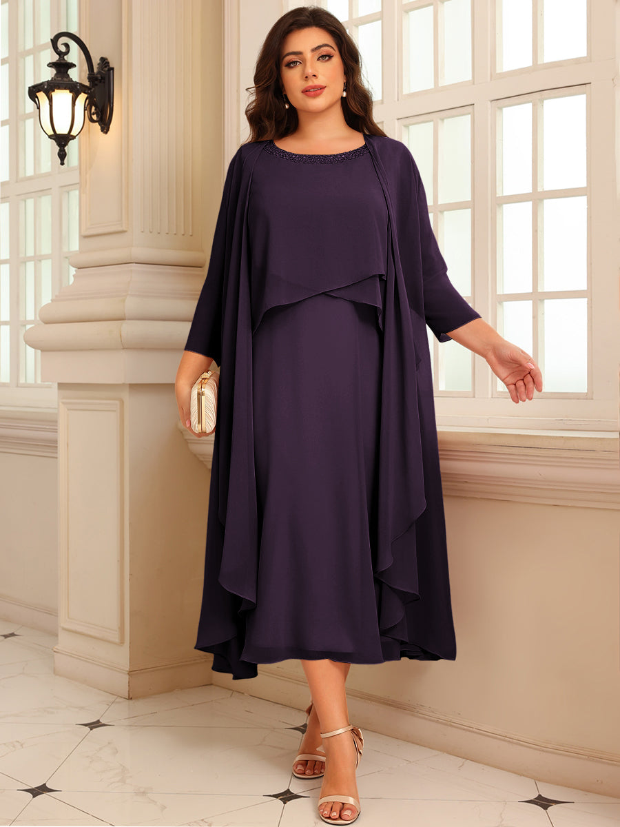 A-Line/Princess Scoop Neck Two-piece Tea-Length Mother of the Bride Dresses with Ruffles