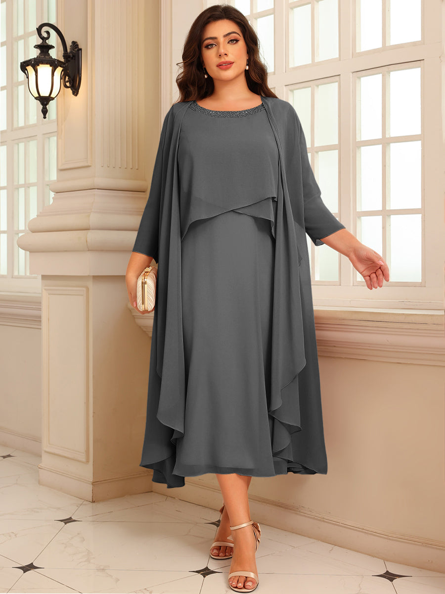 A-Line/Princess Scoop Neck Two-piece Tea-Length Mother of the Bride Dresses with Ruffles