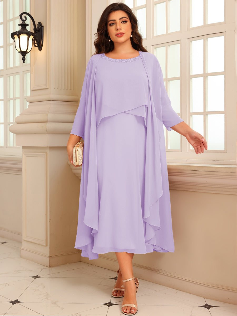 A-Line/Princess Scoop Neck Two-piece Tea-Length Mother of the Bride Dresses with Ruffles