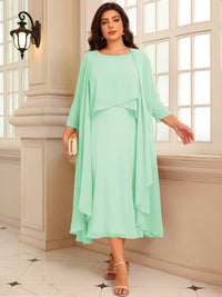 A-Line/Princess Scoop Neck Two-piece Tea-Length Mother of the Bride Dresses with Ruffles