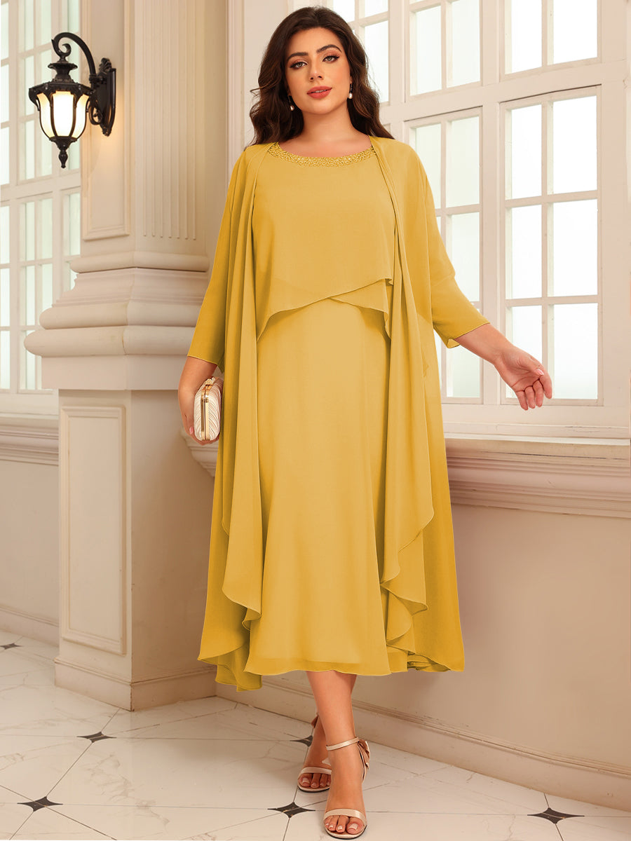 A-Line/Princess Scoop Neck Two-piece Tea-Length Mother of the Bride Dresses with Ruffles