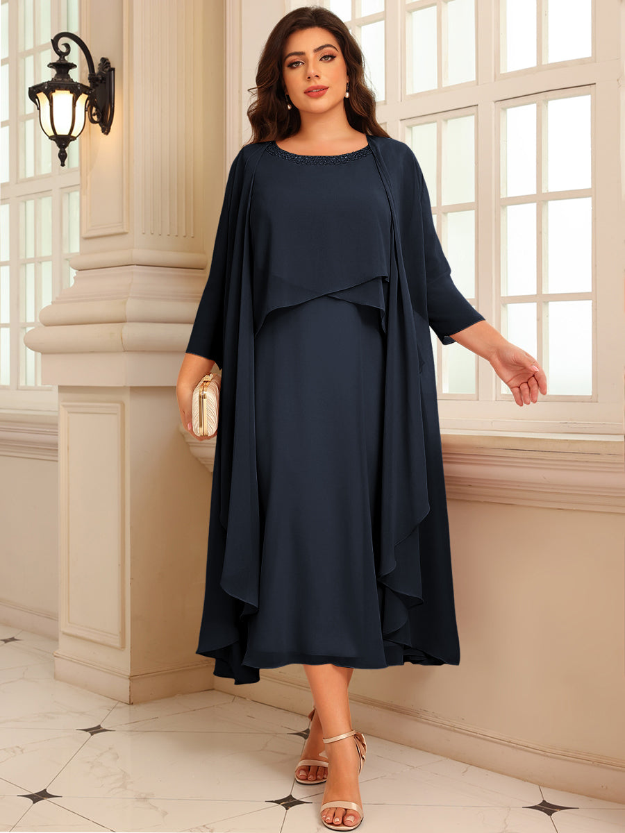 A-Line/Princess Scoop Neck Two-piece Tea-Length Mother of the Bride Dresses with Ruffles