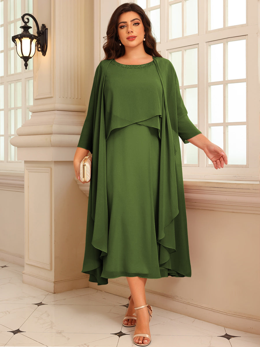 A-Line/Princess Scoop Neck Two-piece Tea-Length Mother of the Bride Dresses with Ruffles