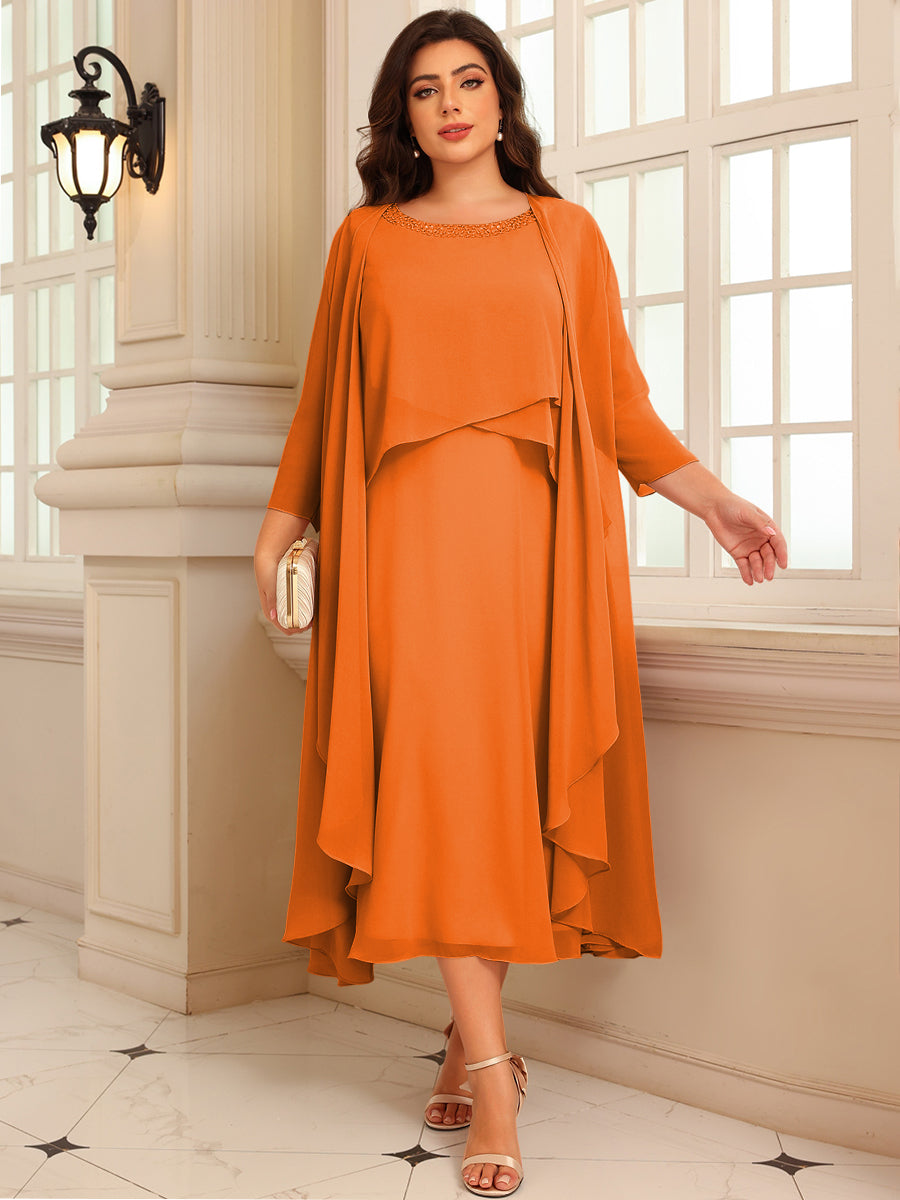 A-Line/Princess Scoop Neck Two-piece Tea-Length Mother of the Bride Dresses with Ruffles