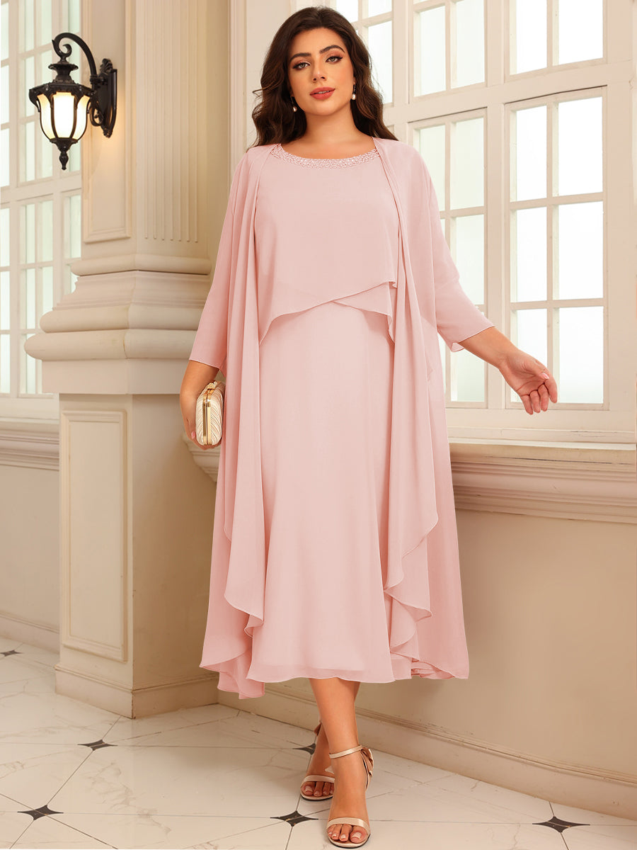 A-Line/Princess Scoop Neck Two-piece Tea-Length Mother of the Bride Dresses with Ruffles