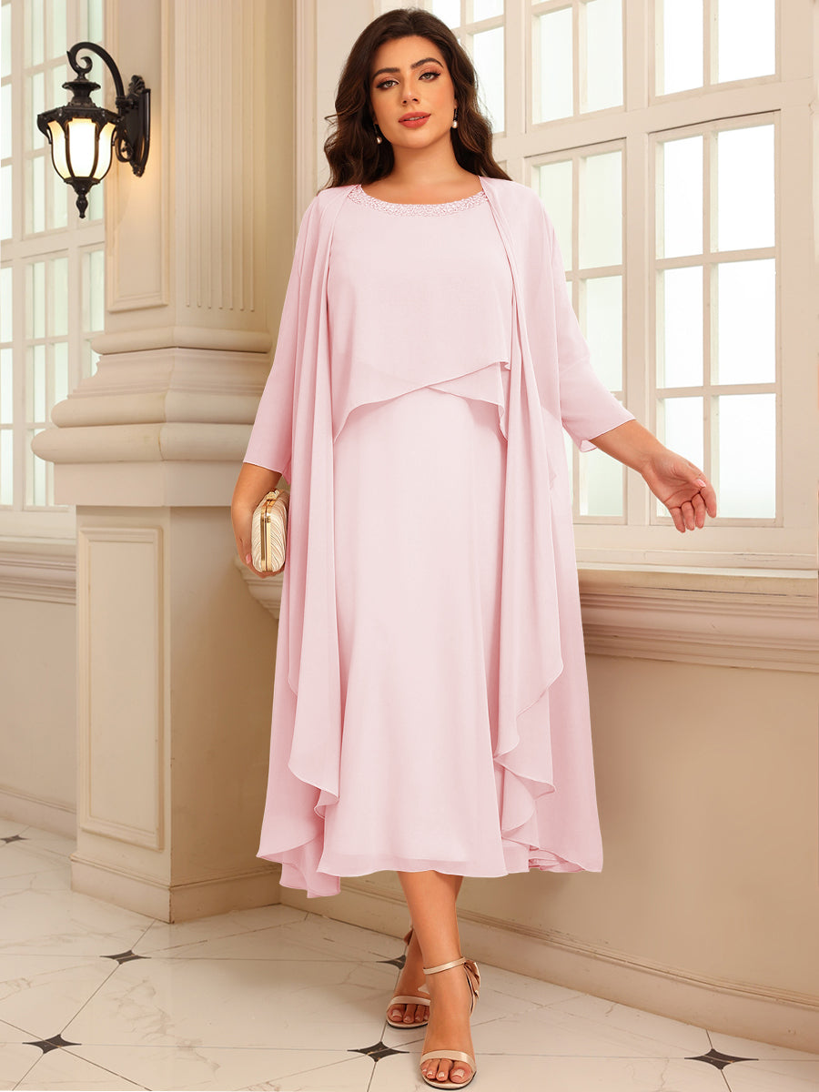 A-Line/Princess Scoop Neck Two-piece Tea-Length Mother of the Bride Dresses with Ruffles