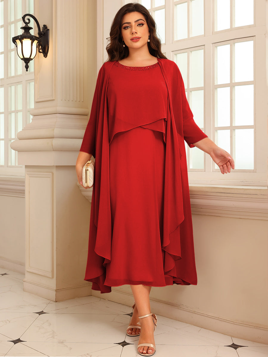A-Line/Princess Scoop Neck Two-piece Tea-Length Mother of the Bride Dresses with Ruffles