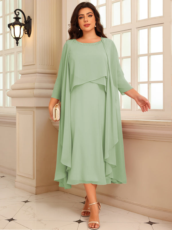 A-Line/Princess Scoop Neck Two-piece Tea-Length Mother of the Bride Dresses with Ruffles