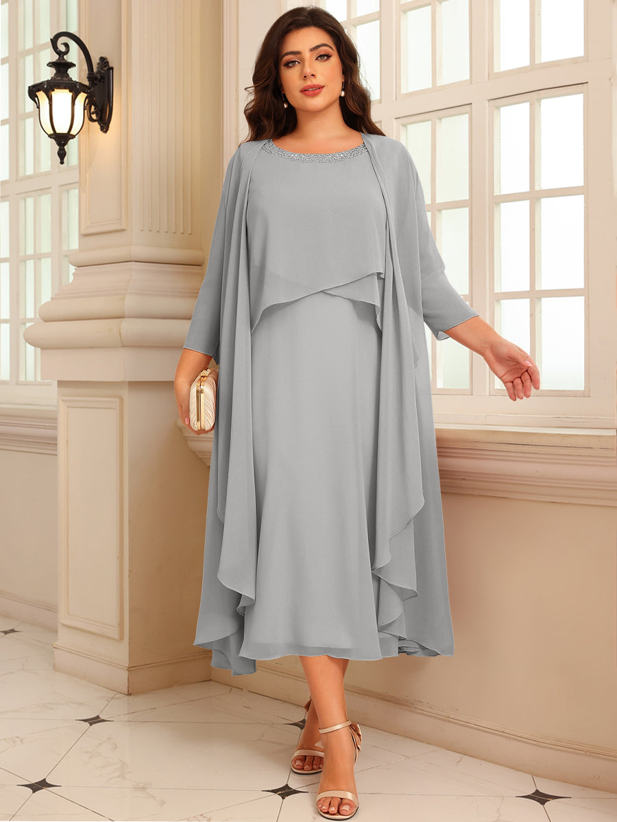 A-Line/Princess Scoop Neck Two-piece Tea-Length Mother of the Bride Dresses with Ruffles