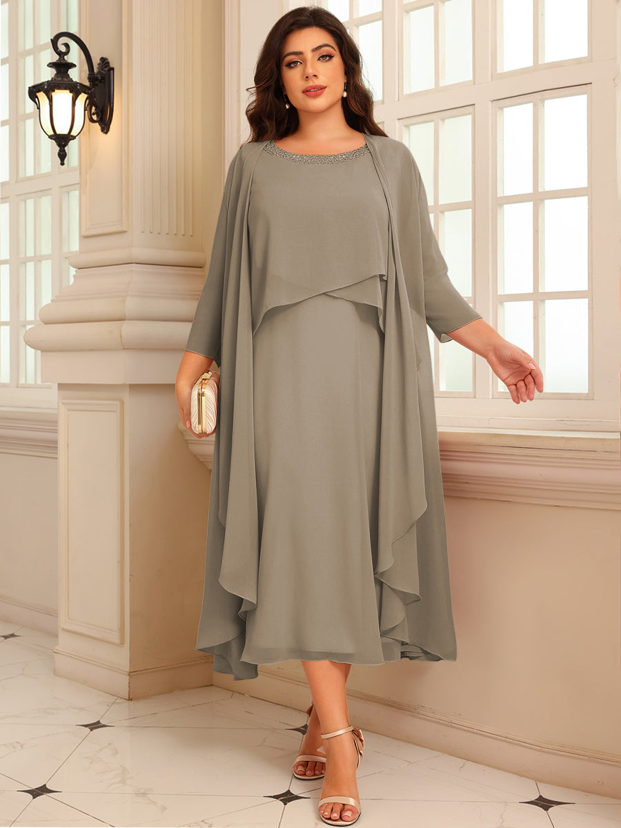 A-Line/Princess Scoop Neck Two-piece Tea-Length Mother of the Bride Dresses with Ruffles