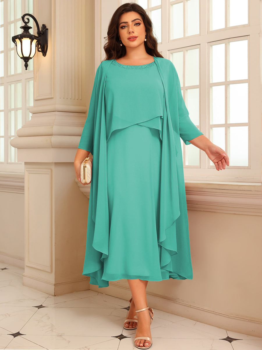 A-Line/Princess Scoop Neck Two-piece Tea-Length Mother of the Bride Dresses with Ruffles
