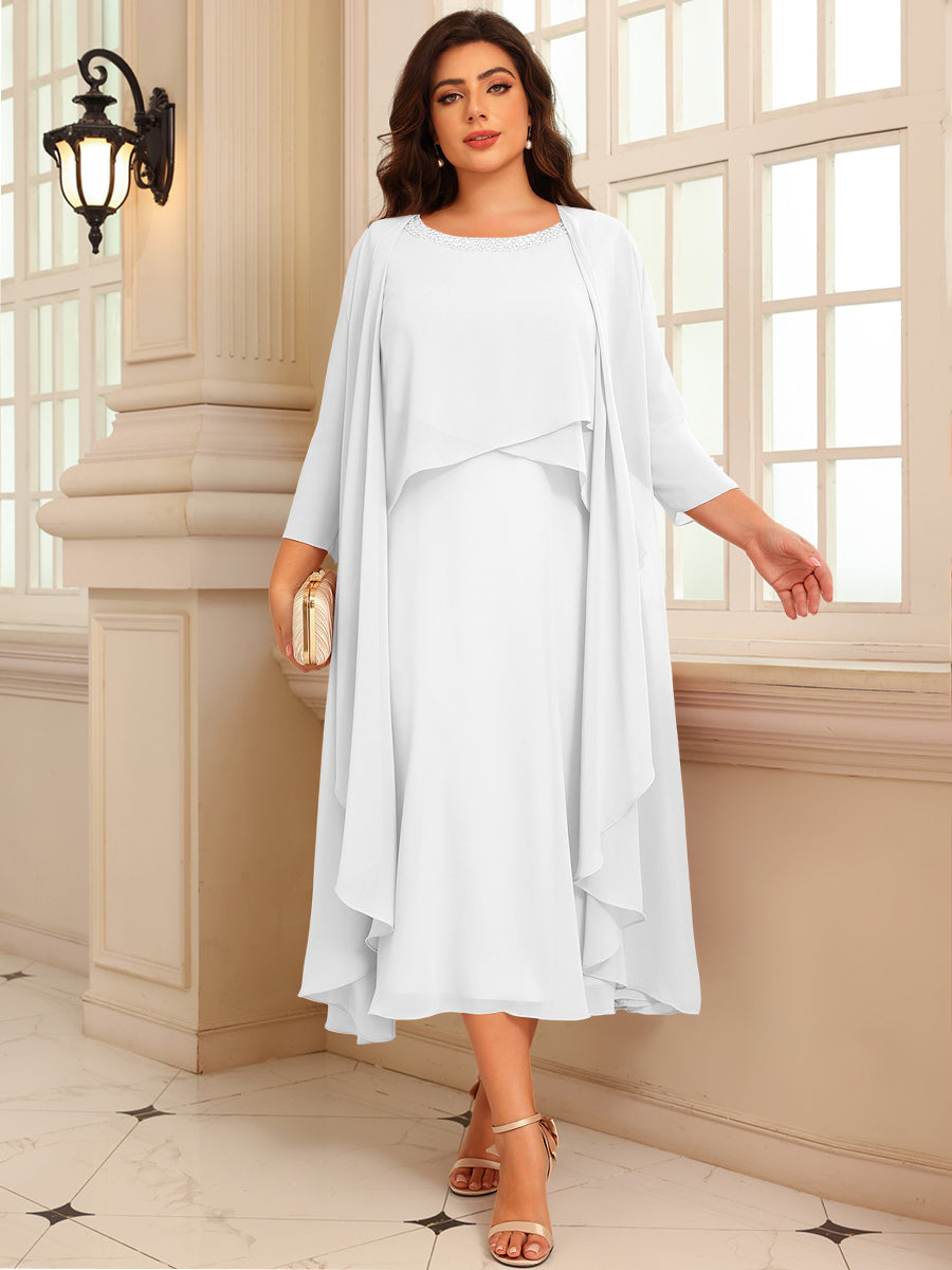 A-Line/Princess Scoop Neck Two-piece Tea-Length Mother of the Bride Dresses with Ruffles