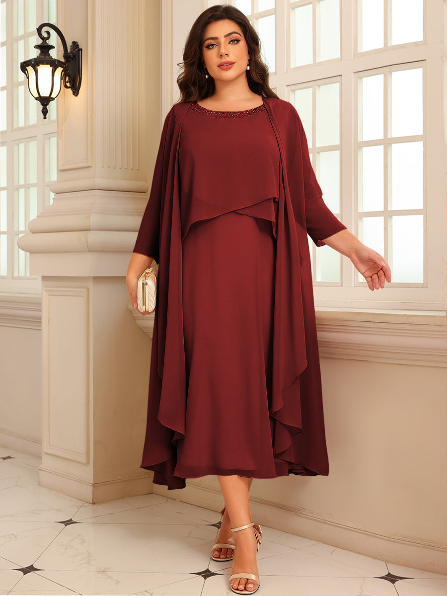 A-Line/Princess Scoop Neck Two-piece Tea-Length Mother of the Bride Dresses with Ruffles