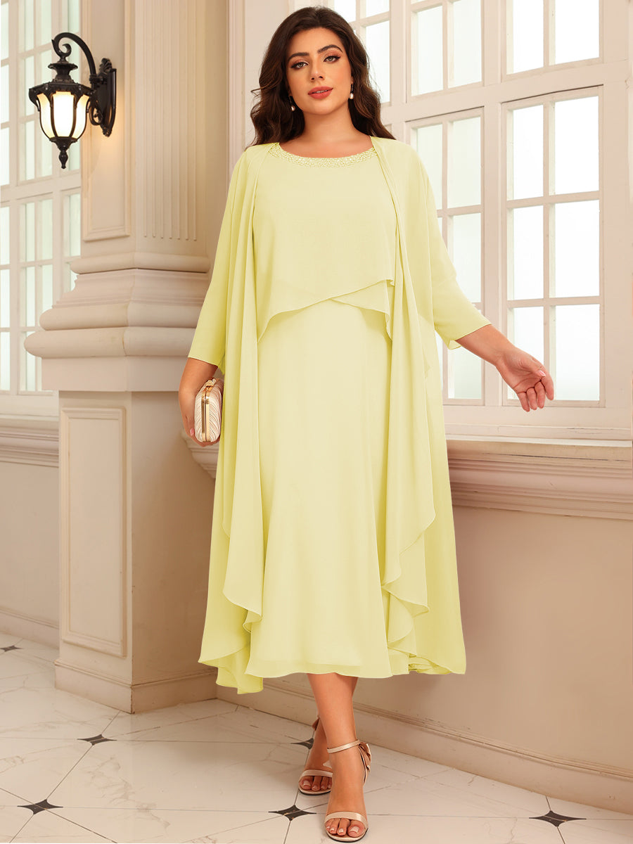 A-Line/Princess Scoop Neck Two-piece Tea-Length Mother of the Bride Dresses with Ruffles