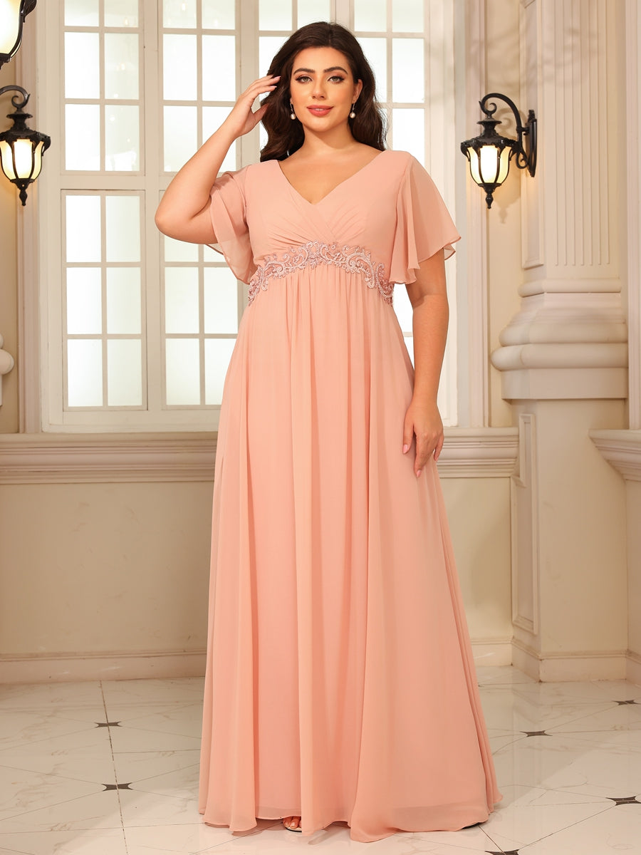 A-Line/Princess V-Neck Flying Sleeves Floor-Length Mother of the Bride Dresses with Lace Appliques
