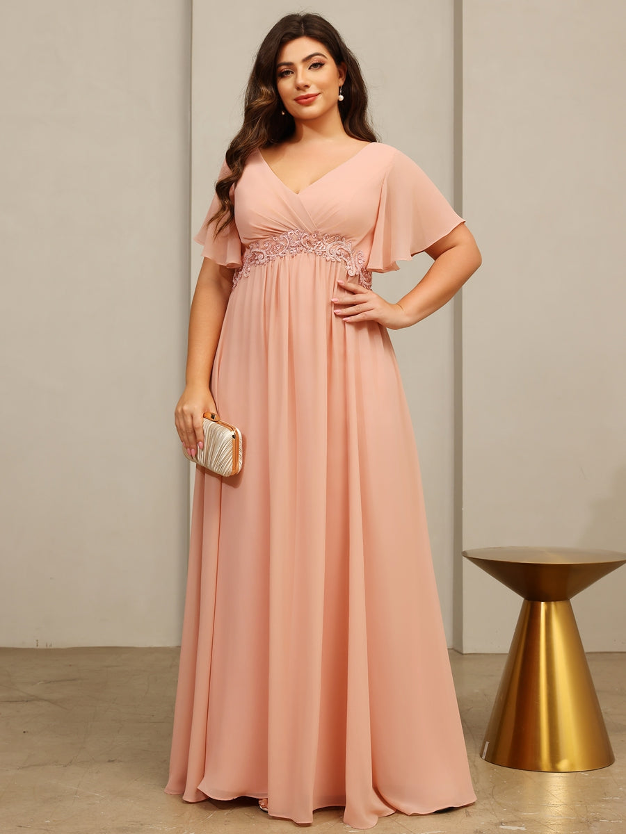 A-Line/Princess V-Neck Flying Sleeves Floor-Length Mother of the Bride Dresses with Lace Appliques