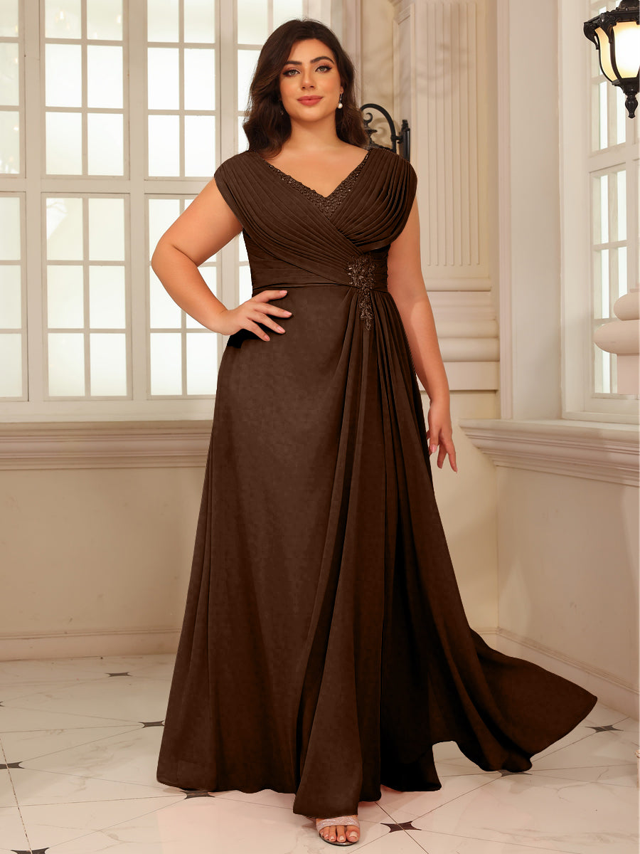 A-Line/Princess V-Neck Floor-Length Mother of the Bride Dresses with Pleated Sequins