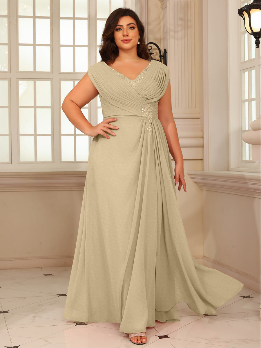A-Line/Princess V-Neck Floor-Length Mother of the Bride Dresses with Pleated Sequins