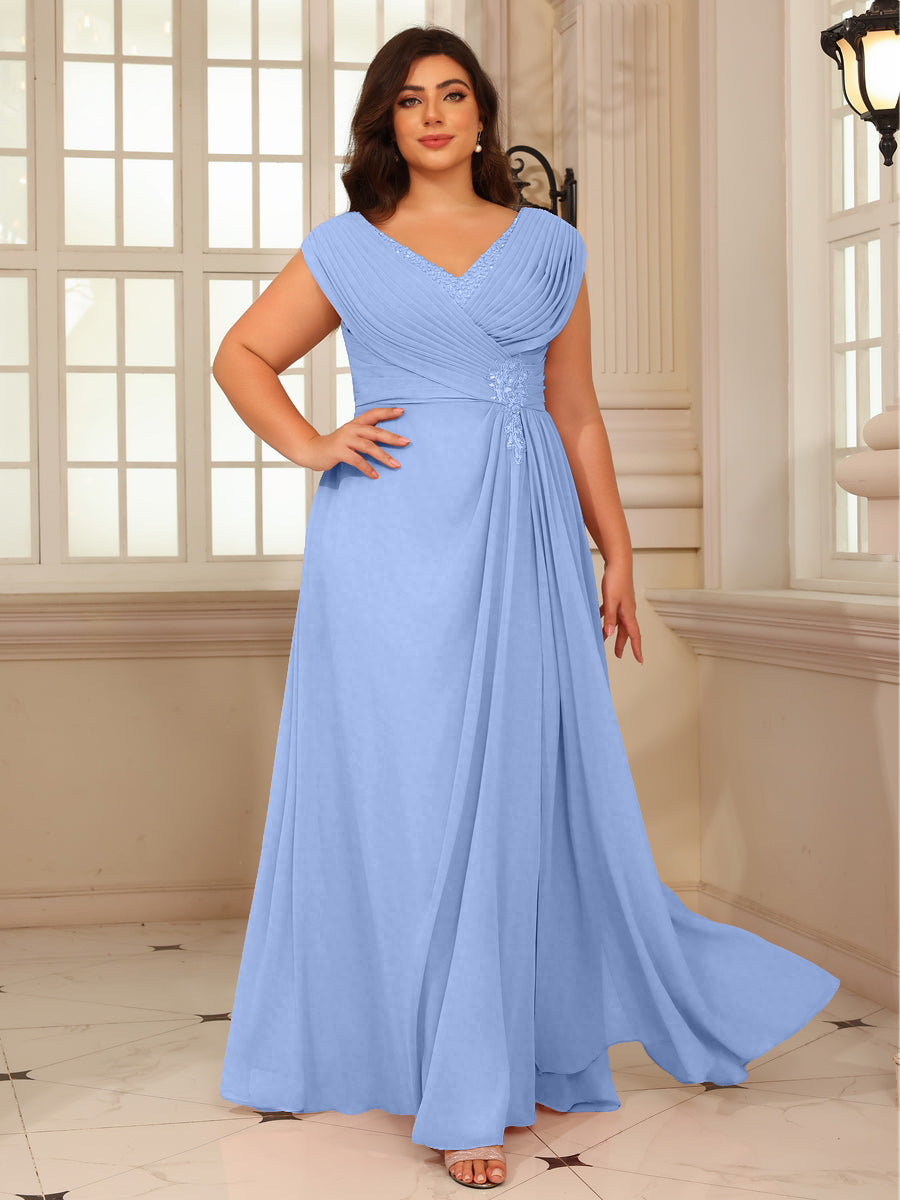 A-Line/Princess V-Neck Floor-Length Mother of the Bride Dresses with Pleated Sequins