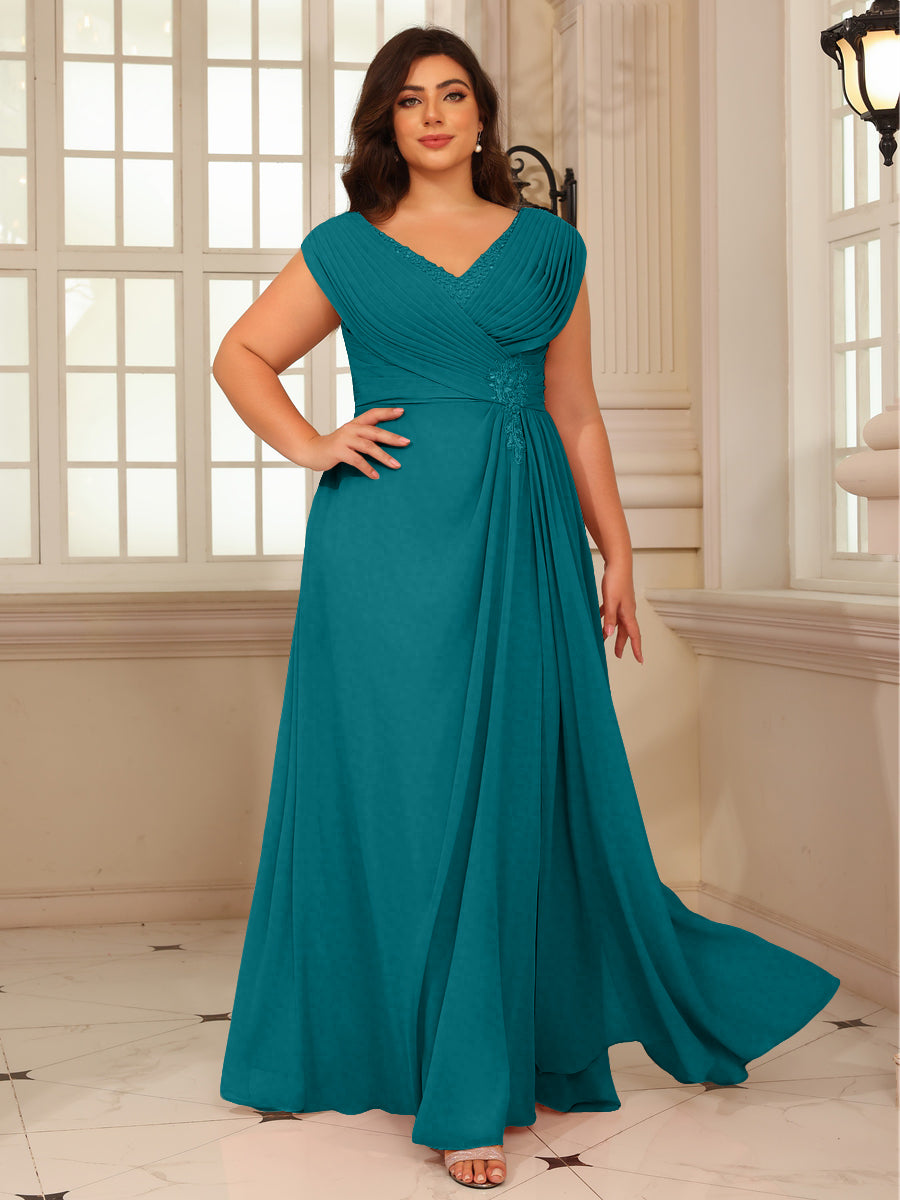 A-Line/Princess V-Neck Floor-Length Mother of the Bride Dresses with Pleated Sequins